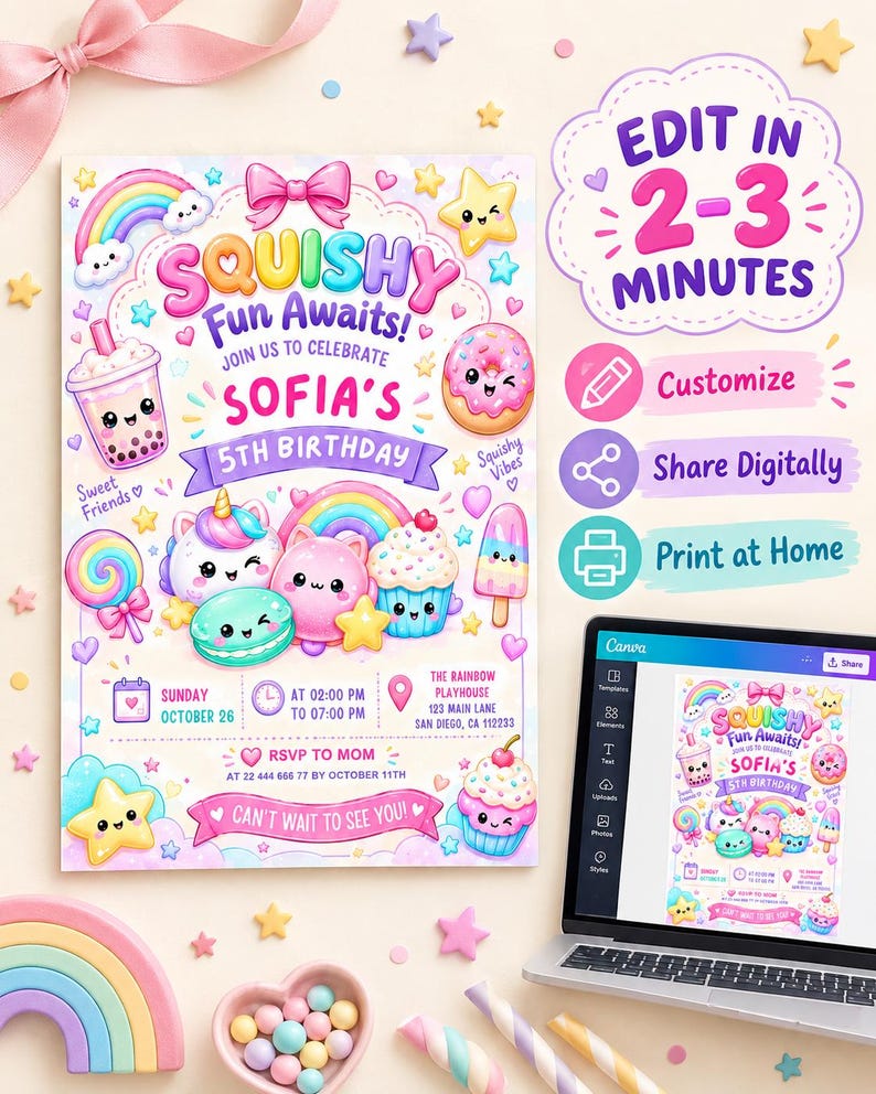 Squishy Dumpling birthday invite for girls with cute kawaii glitter theme