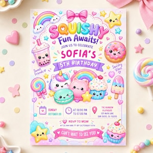 Puede incluir: Una tarjeta de invitación de cumpleaños rectangular con colores pastel y personajes de dibujos animados que incluyen un unicornio, un gato, un cupcake, una dona y un té boba. El texto dice: SQUISHY Fun Awaits! JOIN US TO CELEBRATE SOFIA'S 5TH BIRTHDAY.