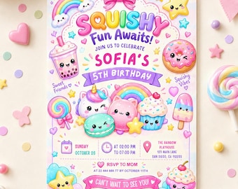 May include: A rectangular birthday invitation card featuring pastel colors and cartoon characters including a unicorn, cat, cupcake, donut, and boba tea. The text reads: SQUISHY Fun Awaits! JOIN US TO CELEBRATE SOFIA'S 5TH BIRTHDAY. Includes date, time, location, and RSVP details.