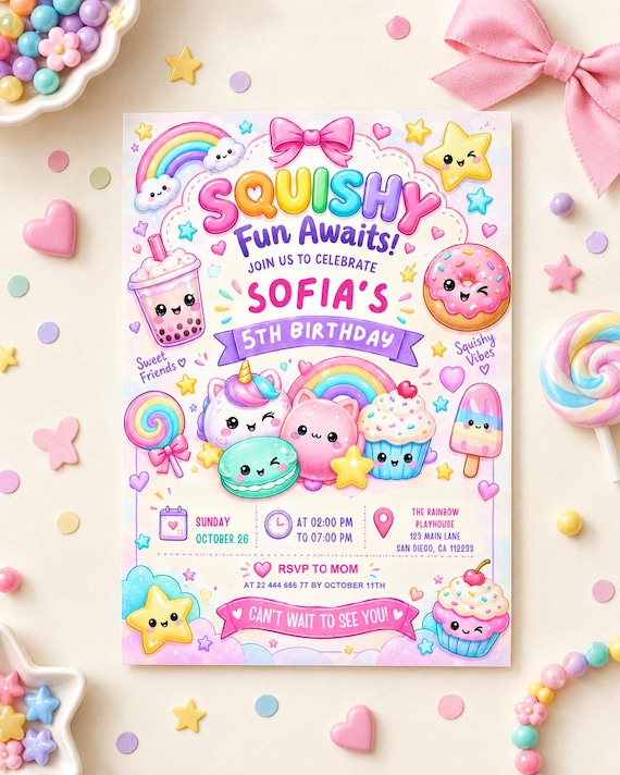 Glitter Dumpling Squishy Birthday Party Invitation, Girl Squishy Dumpling Party Invite, Kawaii Kids Birthday Editable Canva Template
