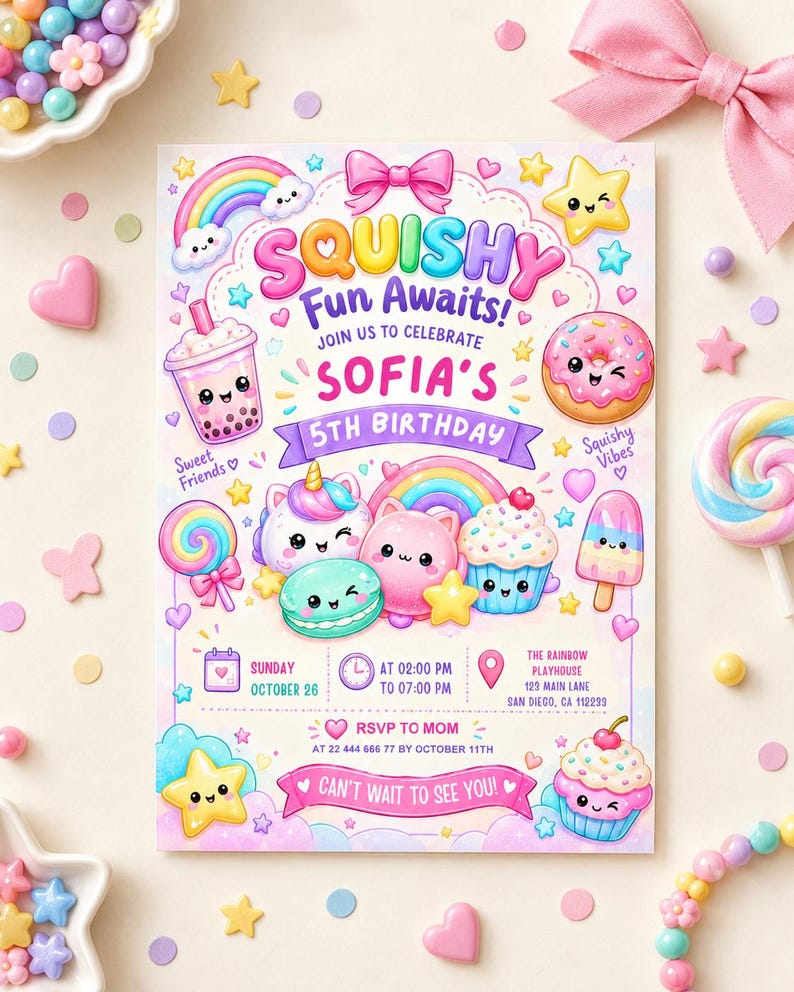 Glitter Dumpling Squishy Birthday Invitation with kawaii dumpling characters, editable Canva template