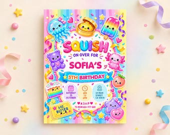 Könnte beinhalten: Eine bunte Geburtstagseinladungskarte mit regenbogenfarbenem Streifenhintergrund und Zeichentrickfiguren wie Qualle, Teigtasche, Eis am Stiel, Bär, Axolotl, Kuchen und Stern. Der Text lautet: SQUISH ON OVER FOR SOFIA'S 5TH BIRTHDAY.