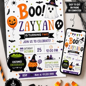 Boo I'm Two Halloween Birthday Invitation, Spooky Pumpkin Cauldron Ghost Party, Classic Bats Editable Canva Digital Download