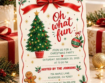 Könnte beinhalten: Eine cremefarbene Weihnachtseinladungskarte mit einer roten Schleife, einem grünen Weihnachtsbaum, einem Lebkuchenmann und einer rot-grünen Kugel. Der Text lautet: Oh what fun, JOIN US FOR A CHRISTMAS PARTY, SATURDAY, DECEMBER 20, 2025 AT 5:00 PM, HOSTED BY THE JOHNSONS, 756 MAPLE LANE, RIVERSIDE, CA 92507, RSVP TO SARAH AT 714-555-0198 BY DECEMBER 13TH.