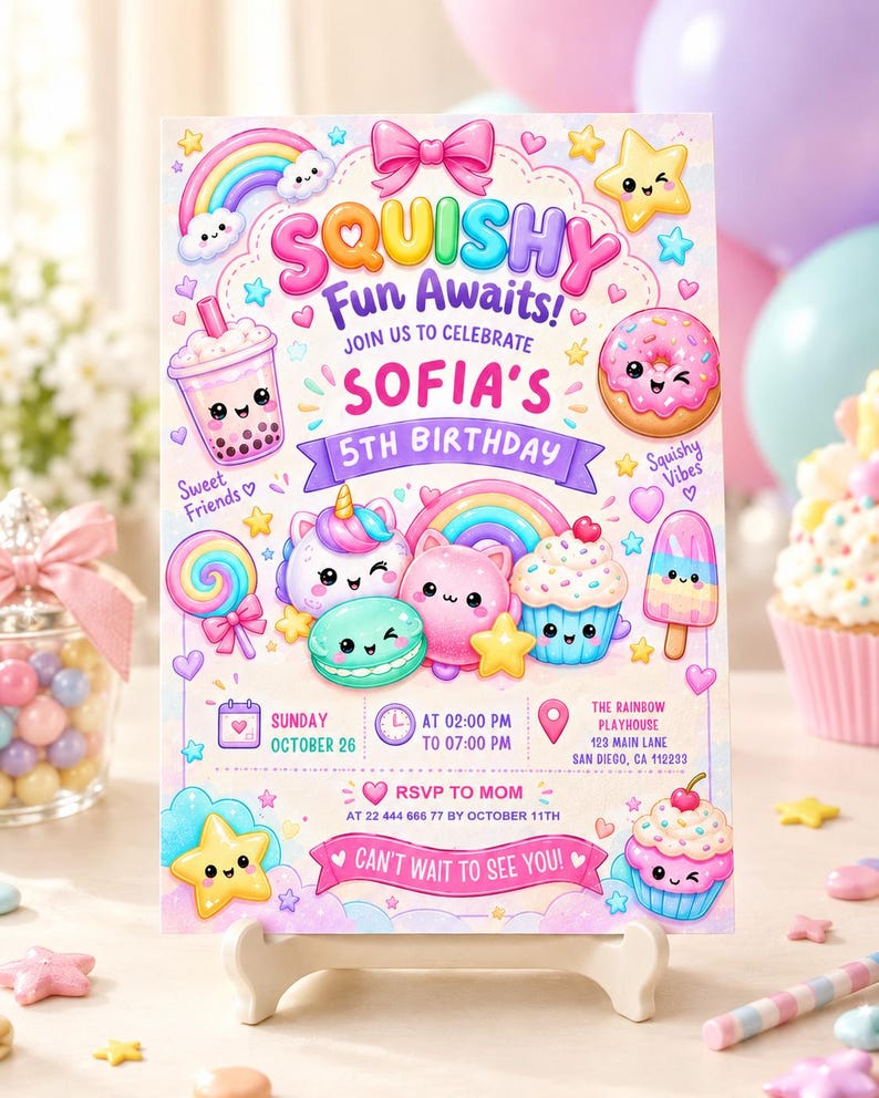 Cute squishy birthday invitation, digital download party invite
