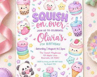 Kawaii Squishy Geburtstagseinladung | Einladung zur Squish On Over Party | Pastellfarbene Boba-Tee-Geburtstagsvorlage für Mädchen (Digitaler Download)