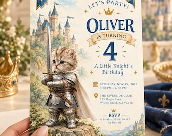 Könnte beinhalten: Eine rechteckige Geburtstagseinladungskarte mit einem Kätzchen in silberner Ritterrüstung, das ein Schwert hält und auf einem Felsen vor einer Burg steht. Der Text lautet: Let's Party! Oliver is turning 4, A Little Knight's Birthday.