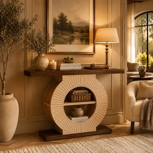 May include: A console table featuring a dark wood rectangular top and base, with a central circular support structure made of light-colored wood slats. The circular base includes two interior shelves holding a woven basket and a ceramic vessel.