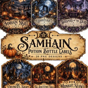 May include: A collection of decorative potion bottle labels featuring Samhain themes. The labels display intricate illustrations of moons, pumpkins, candles, and mystical scenes with text including Samhain Night, Ghostlight, and Whispers of the Dead.