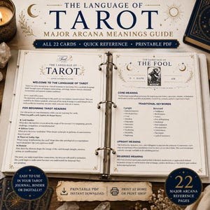May include: A three-ring binder open to two pages titled The Language of Tarot Major Arcana Meanings Guide. The left page provides an introduction and reading instructions, while the right page details The Fool card with keywords and meanings.