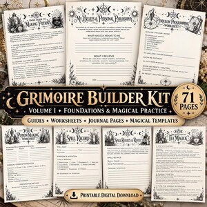 Può includere: Un kit per la creazione di un grimorio con 71 pagine di guide, fogli di lavoro e modelli di diario stampabili. Le pagine includono titoli come Basic Guide to Making Potions, My Beliefs & Personal Philosophy e Pendulum Programming Worksheet.