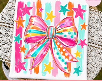 Colorful Bow Clipart PNG, Star Ribbon Graphic, Preppy Coquette Design, Transparent Background, Commercial Use Digital Download