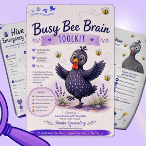May include: A 14-page digital workbook titled Busy Bee Brain Toolkit featuring a central illustration of a dark gray bird with lavender accents. The workbook includes sections for understanding your hive, supporting your hive, and fly free.
