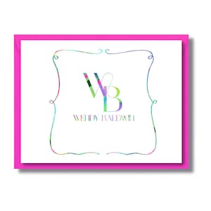 May include: A white rectangular stationery card with a hot pink border. The center features a multicolored watercolor-style monogram of the letters WB inside a decorative frame, with the name WENDY BALDWIN printed in black text below the monogram.