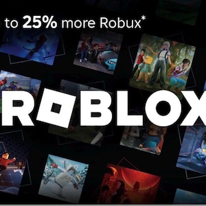 Może przedstawiać: Prostokątna karta podarunkowa Roblox z białym logo Roblox wyśrodkowanym na czarnym tle. Karta przedstawia różne kolorowe sceny z gier w małych kwadratowych ramkach i zawiera u góry tekst Get up to 25% more Robux.