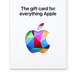 Puede incluir: Una tarjeta de regalo rectangular blanca con el texto negro The gift card for everything Apple en la parte superior. Centrado debajo del texto hay un logotipo de Apple troquelado relleno con un patrón geométrico multicolor de triángulos.