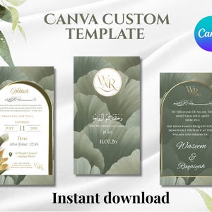 Puede incluir: Tres plantillas de invitación digitales verticales con un fondo de hojas botánicas verde salvia y detalles de arcos dorados. Los diseños incluyen texto para una ceremonia Nikkah, los nombres Waseem y Ruqaiyah, fechas, horas y el logo de Canva.