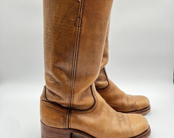 Vintage Frye 2550 Tan Leather Campus Boots Men 9.5 D Made in USA Square Toe Tall