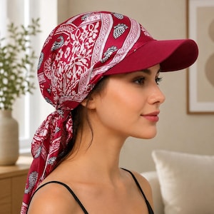 May include: A baseball cap featuring a deep red fabric crown and a matching solid red brim. The crown is adorned with a white and black paisley and floral pattern. The back of the cap includes long fabric ties that hang down, creating a headscarf effect.