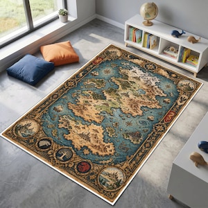 May include: A rectangular area rug featuring a detailed fantasy map design with tan landmasses and blue oceans. The border includes circular illustrations of castles, a tree, and a dragon emblem, with compass roses and ships across the map.