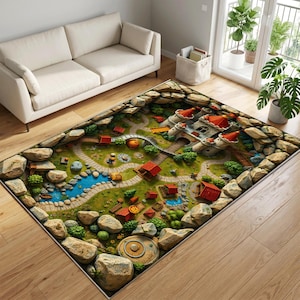 May include: A rectangular area rug featuring a 3D-style illustration of a fantasy landscape with a stone castle, red-roofed buildings, winding stone paths, green grass, blue water features, and large grey rocks bordering the entire perimeter.