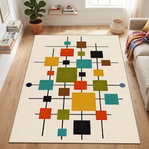 Può includere: Un tappeto rettangolare con sfondo color crema caratterizzato da una griglia di sottili linee nere e vari quadrati a tinta unita nei toni dell'arancione, giallo, verde oliva, ottanio, marrone e nero, disposti in un motivo geometrico.
