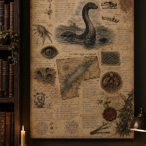 Loch Ness Monster Canvas Art | Vintage Nautical Map Illustration, Cryptid Decor