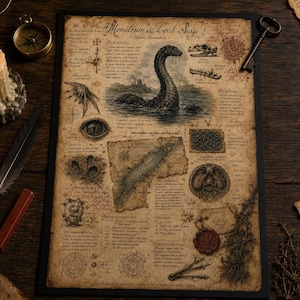 Loch Ness Monster Poster | Vintage Nautical Map Illustration Print | Antique Wall Art | Cryptid Bestiary