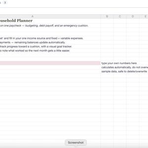 May include: A digital spreadsheet titled Single-Income Household Planner with instructions for budgeting, debt payoff, and emergency funds. The layout includes a legend explaining that rose-tinted cells are for user input and other cells calculate automatically.