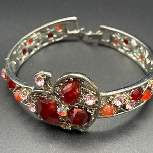 Vintage Rhinestone Apple Hinged Bangle - Ruby Red & Pink Crystal Fruit Statement Bracelet, Romantic Valentine’s Teacher Gift