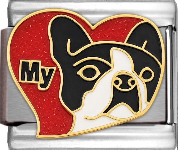 Love My Boston Terrier Italian Charm Link, 9mm Enamel Bracelet Charm, Dog Pet Heart