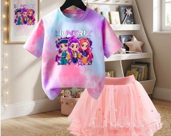 Girls' K-Pop Princess Tutu Skirt & Cartoon Top Summer Party Outfit Set