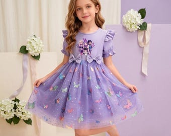 Abito da principessa viola con farfalle e paillettes per bambina, outfit estivo K-Pop