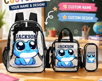 Gepersonaliseerde transparante rugzak, schooltas voor kinderen met naam en ontwerp, transparante rugzak voor meisjes en jongens, cadeau voor de start van het schooljaar