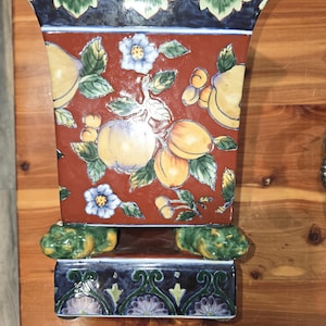Vintage Hand-Painted Ceramic Cachepot Planter, Majolica Style Fruit Motif, Square Footed Planter, Decorative Ceramic Vase, Cottage Decor
