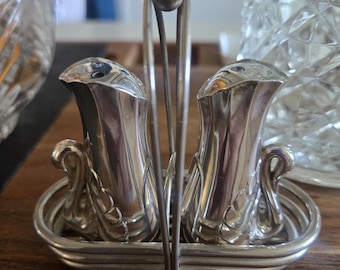 Silver plated swan salt and pepper shakers with caddy