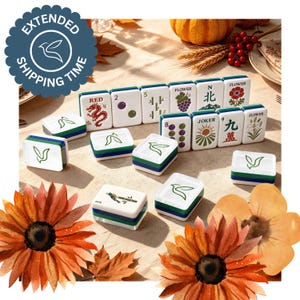 May include: A set of white mahjong tiles with blue and green edges, featuring various colorful illustrations including a red dragon, flowers, grapes, a joker, and Chinese characters. Some tiles are stacked, while others are laid out flat.