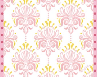 May include: A square textile featuring a white background with a repeating pink and yellow damask pattern. The border consists of a pink frame with a repeating pattern of dark pink dots. The text Lillian Claire is printed in the bottom right corner.