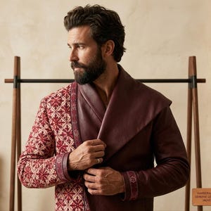 Könnte beinhalten: Eine Jacke mit einem einfarbigen, dunkelburgunderroten Lederteil auf der einen Seite und einem gemusterten Stoffteil auf der anderen, verziert mit roten schneeflockenartigen Motiven. Sie hat einen breiten Schalkragen und Ärmelbündchen mit dem Text HANDCRAFTED GENUINE LEATHER JACKET.