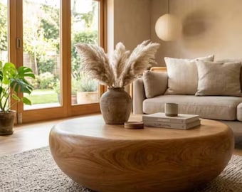 Runder Couchtisch aus Massivholz – Niedriger Beistelltisch im Japandi-Stil – Organische, minimalistische Wohnzimmermöbel – Handgefertigter Couchtisch aus Naturholz
