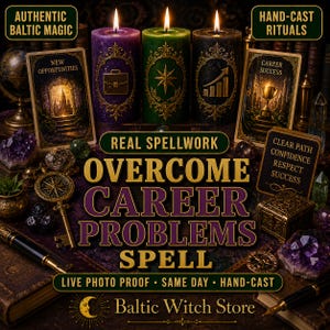Puede incluir: Tres velas de pilar en morado, verde y negro con iconos dorados en relieve de un maletín, una estrella y un gráfico ascendente. Dos cartas de tarot muestran una ciudad y un trofeo. Texto: "REAL SPELLWORK OVERCOME CAREER PROBLEMS SPELL".