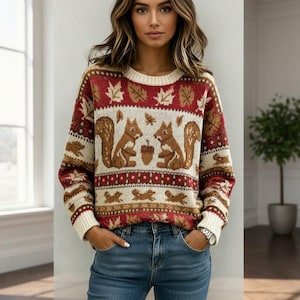 May include: A long-sleeve knit sweater featuring a repeating pattern of brown squirrels, acorns, and beige leaves on a cream and red background. The sweater has a crew neckline and ribbed cuffs, paired with blue denim jeans with a classic fit.