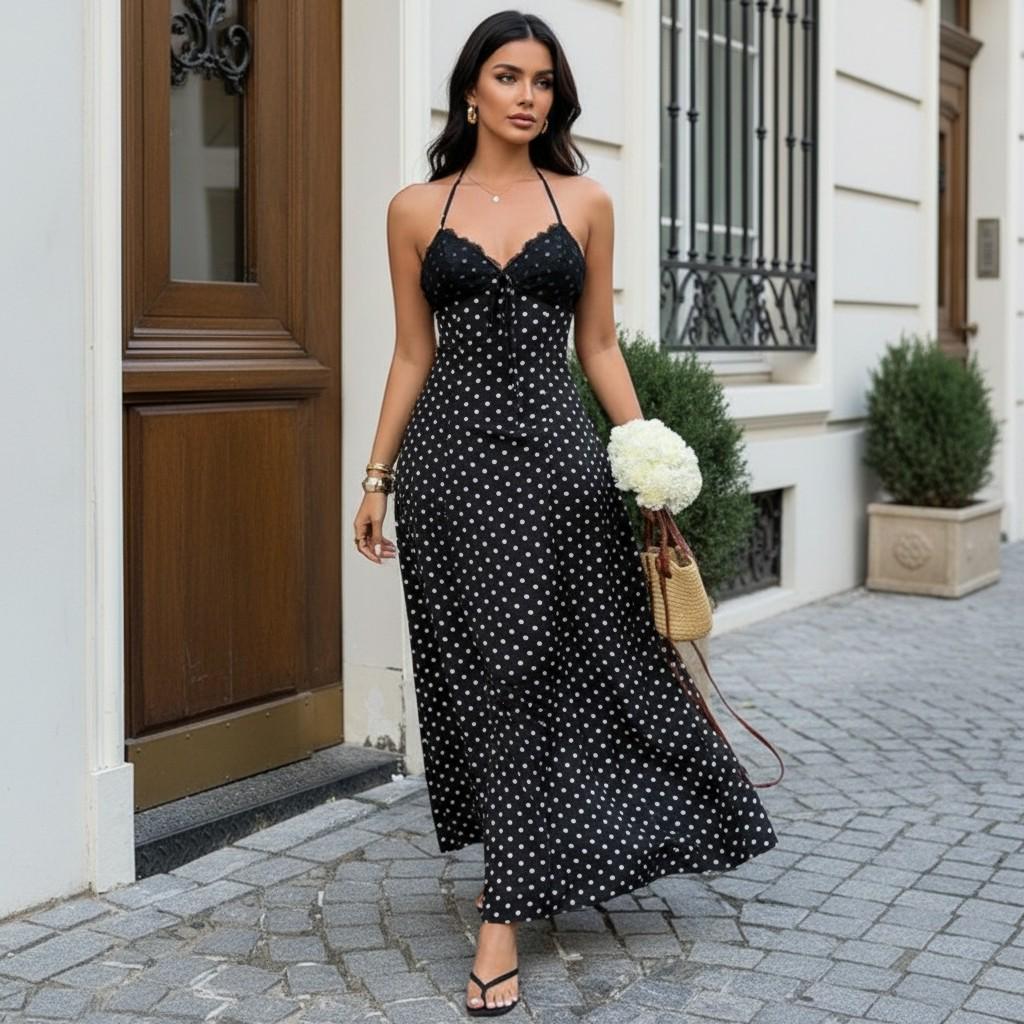 black summer halter dress Polka Dot Maxi for Women, Dress, French Style Dress, Elegant Vacation Dress, Resort Wear, Old Money Outfit Red Carpet Gown
