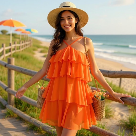 Orange Halter Ruffle Mini Dress for Women | Flowy Chiffon Summer Dress | Beach Vacation Dress | Resort Party Dress | Layered Sundress