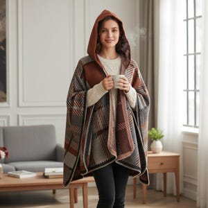 Puede incluir: Un poncho con capucha que presenta un patrón de cuadros en marrón, gris y negro con un borde grueso cosido. La prenda se lleva sobre un suéter de punto trenzado color crema. El poncho tiene capucha y un diseño abierto con silueta drapeada.