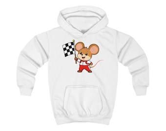 Racing Mouse Kids Hoodie | Checkered Flag Cartoon Mouse