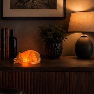 May include: A translucent, orange-hued cat figurine crafted from stone, illuminated from within to emit a warm, soft glow. The sculpture depicts a cat in a curled, resting position, showcasing natural veining and smooth, polished surfaces.