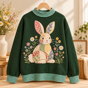 Gingham Mockneck Patchwork Sweatshirt, Bunny Real Patchwork, Handmade Cottagecore Rabbit Sweatshirt PDYK18-RD