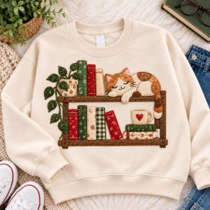 May include: A cream-colored crewneck sweatshirt featuring a central applique design of a wooden bookshelf. The shelf holds colorful patterned books, a potted plant with green leaves, a sleeping orange and white cat, and a mug with a red heart.