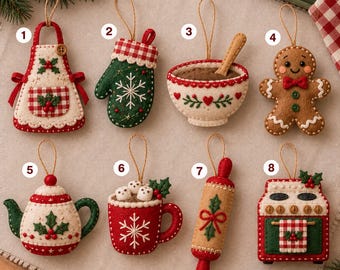 May include: A set of eight felt Christmas ornaments featuring kitchen-themed designs including an apron, oven mitt, mixing bowl, gingerbread person, teapot, mug with marshmallows, rolling pin, and stove, each with a hanging loop and numbered one to eight.